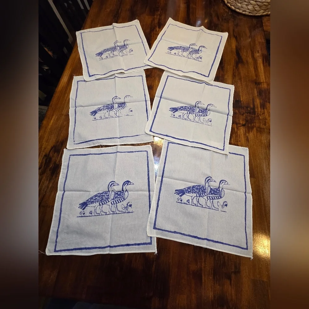 6 Vintage Printed Blue Loons/Ducks White 12” x 11”Napkins Cottege Core Costal